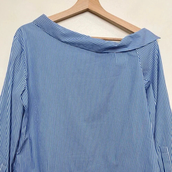 DKNY Womens Small Poplin Asymmetrical One Shoulder Button Shirt Stripes - Picture 10 of 12